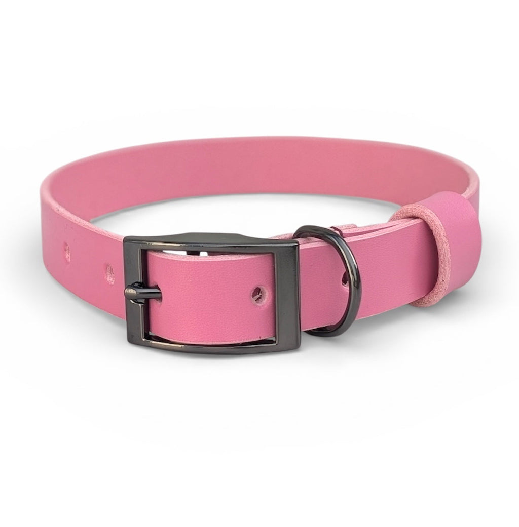 Pink Leather Dog Collar - Gunmetal