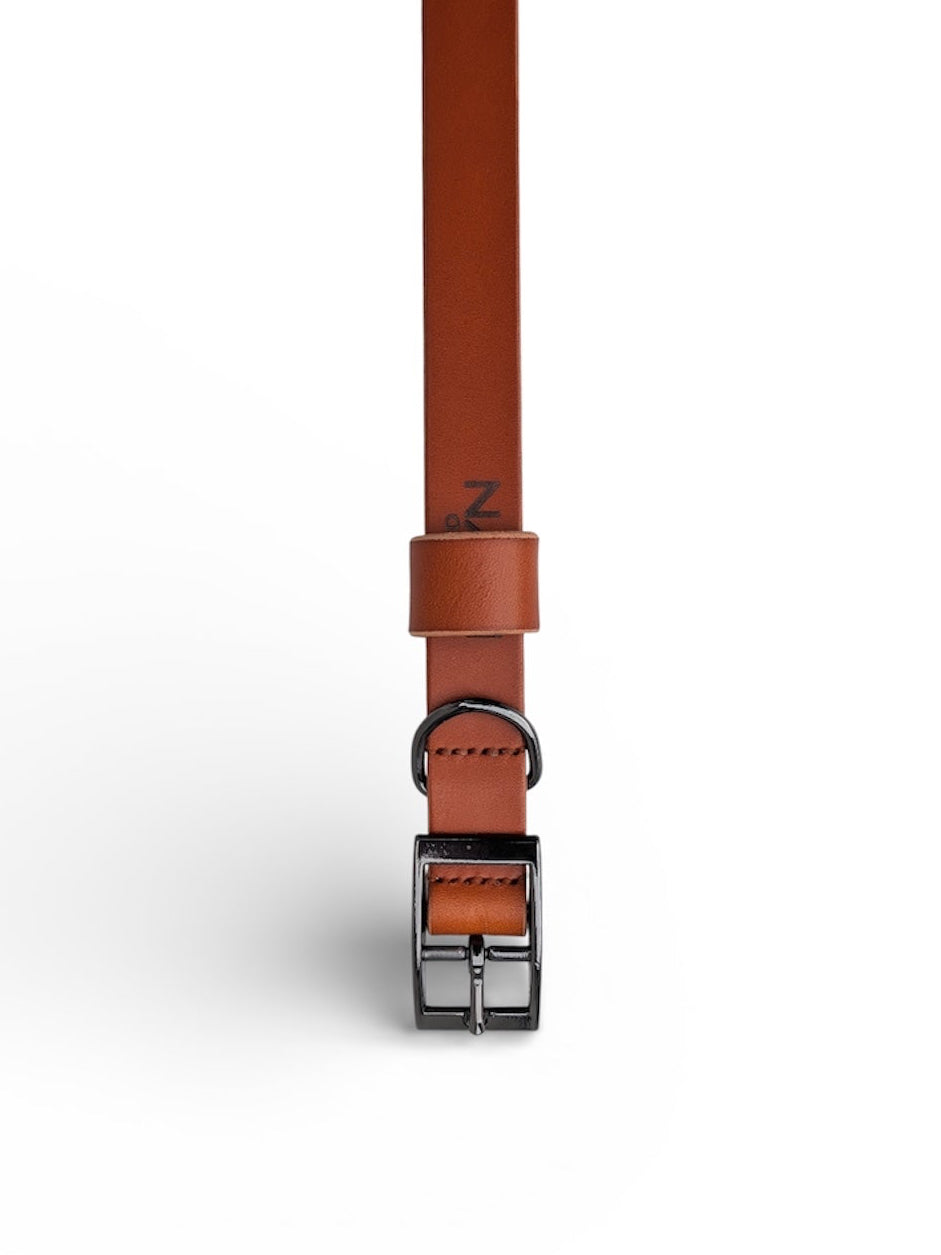 Tan Brown Leather Dog Collar - Gunmetal