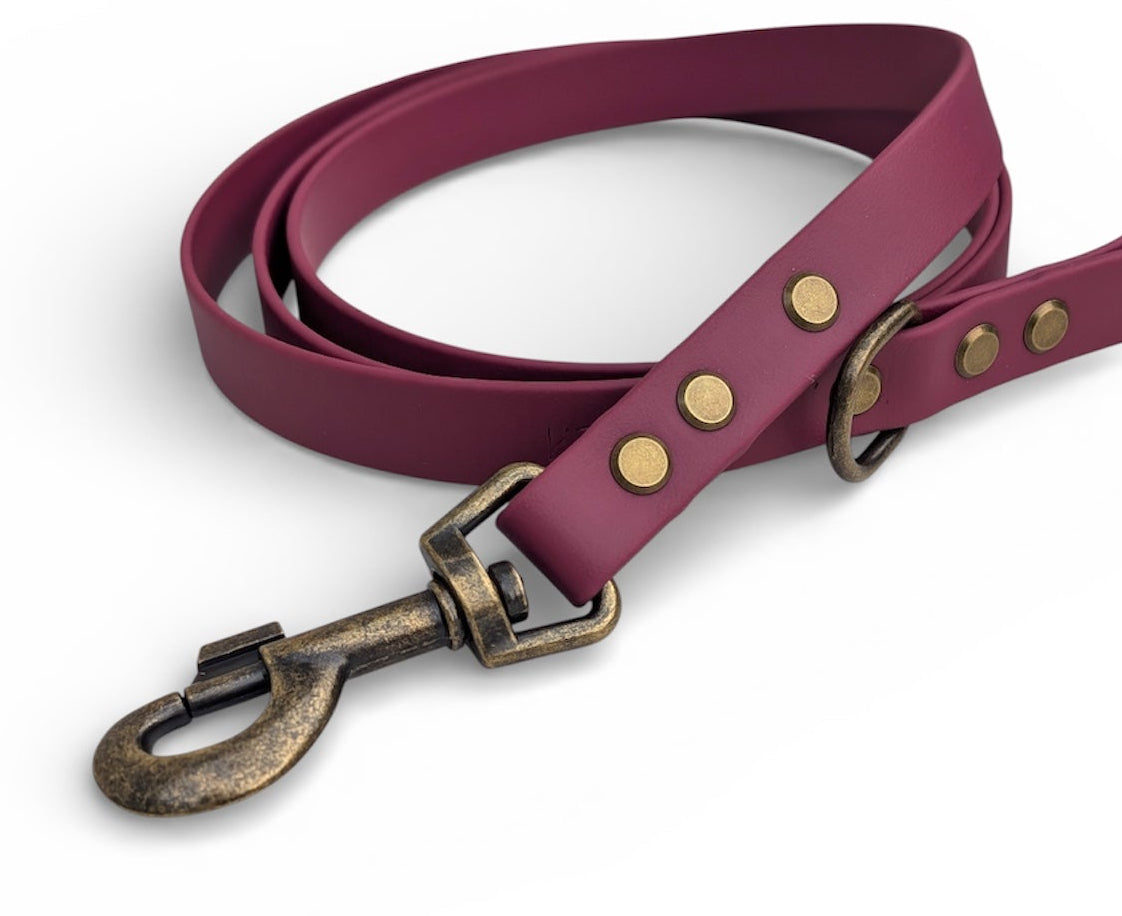 Wine Biothane dog lead - Antique Brass