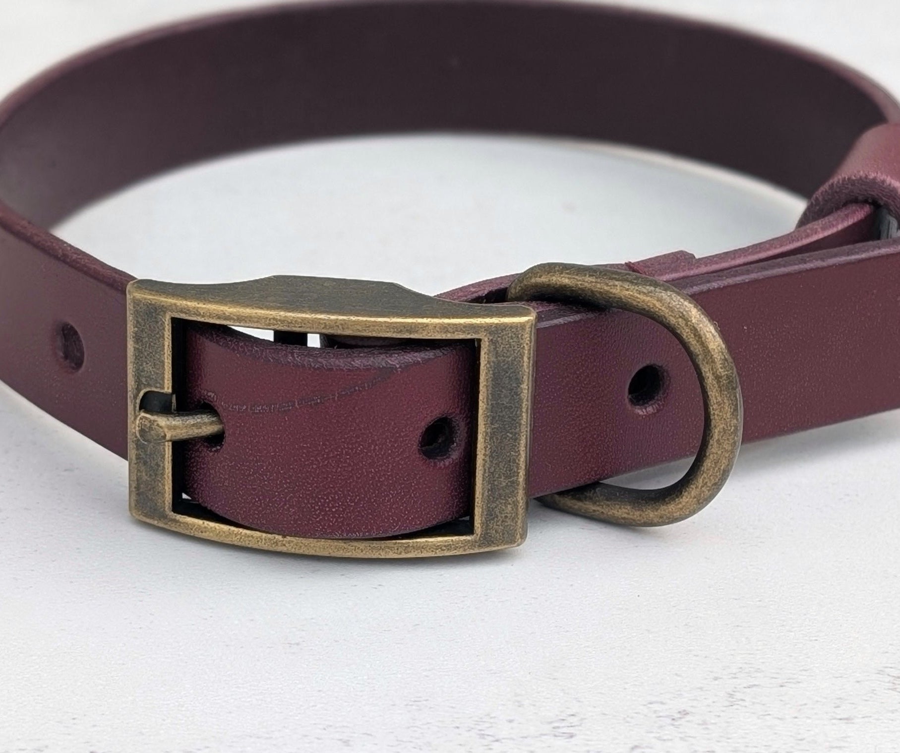 Burgundy Leather Dog Collar - Antique Brass