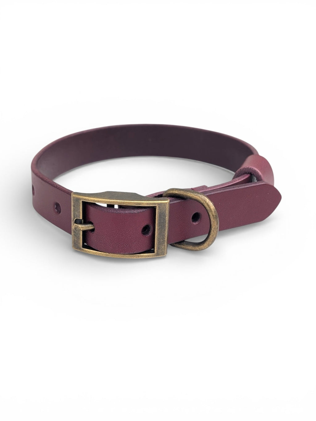 Burgundy Leather Dog Collar - Antique Brass