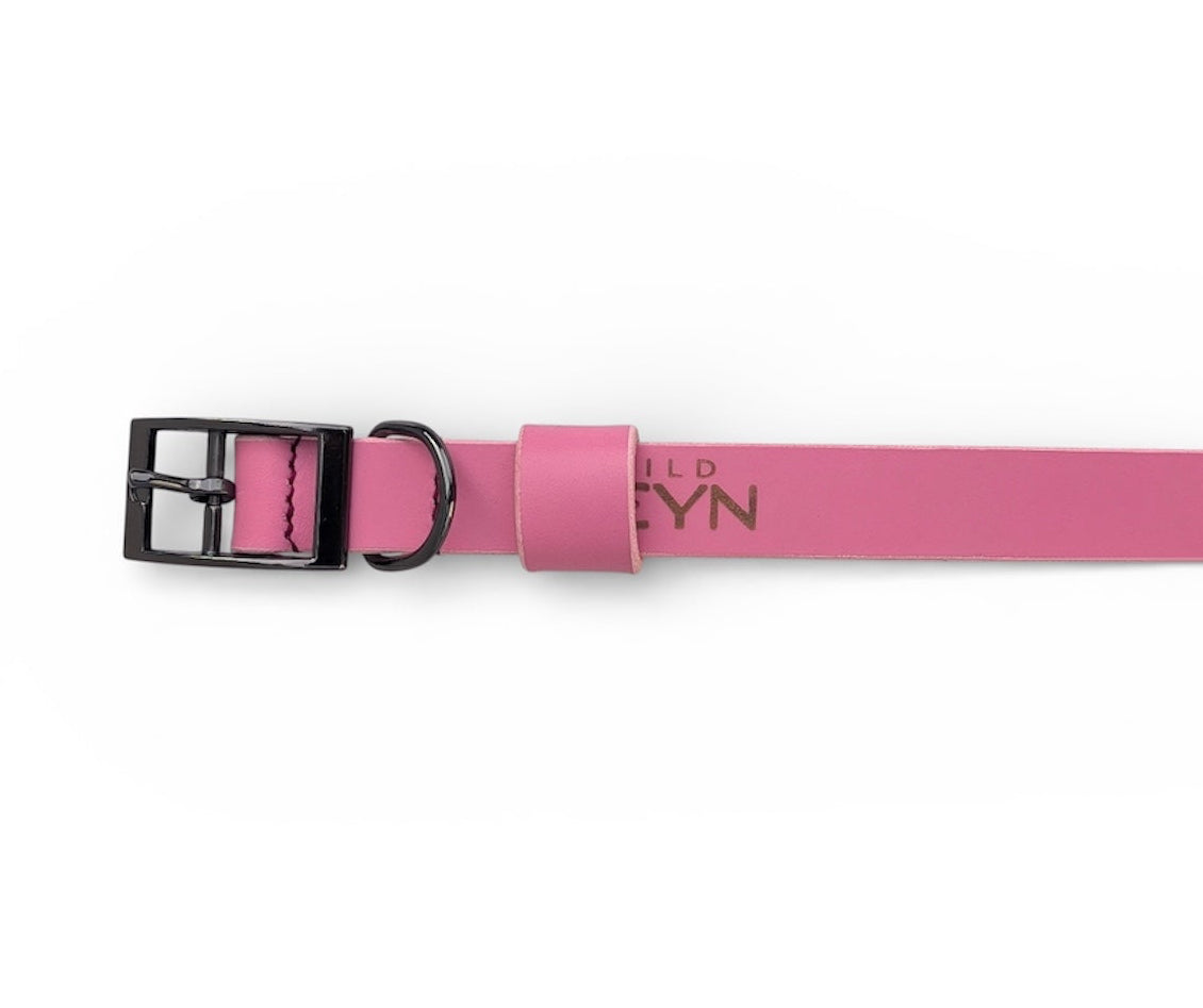 Pink Leather Dog Collar - Gunmetal
