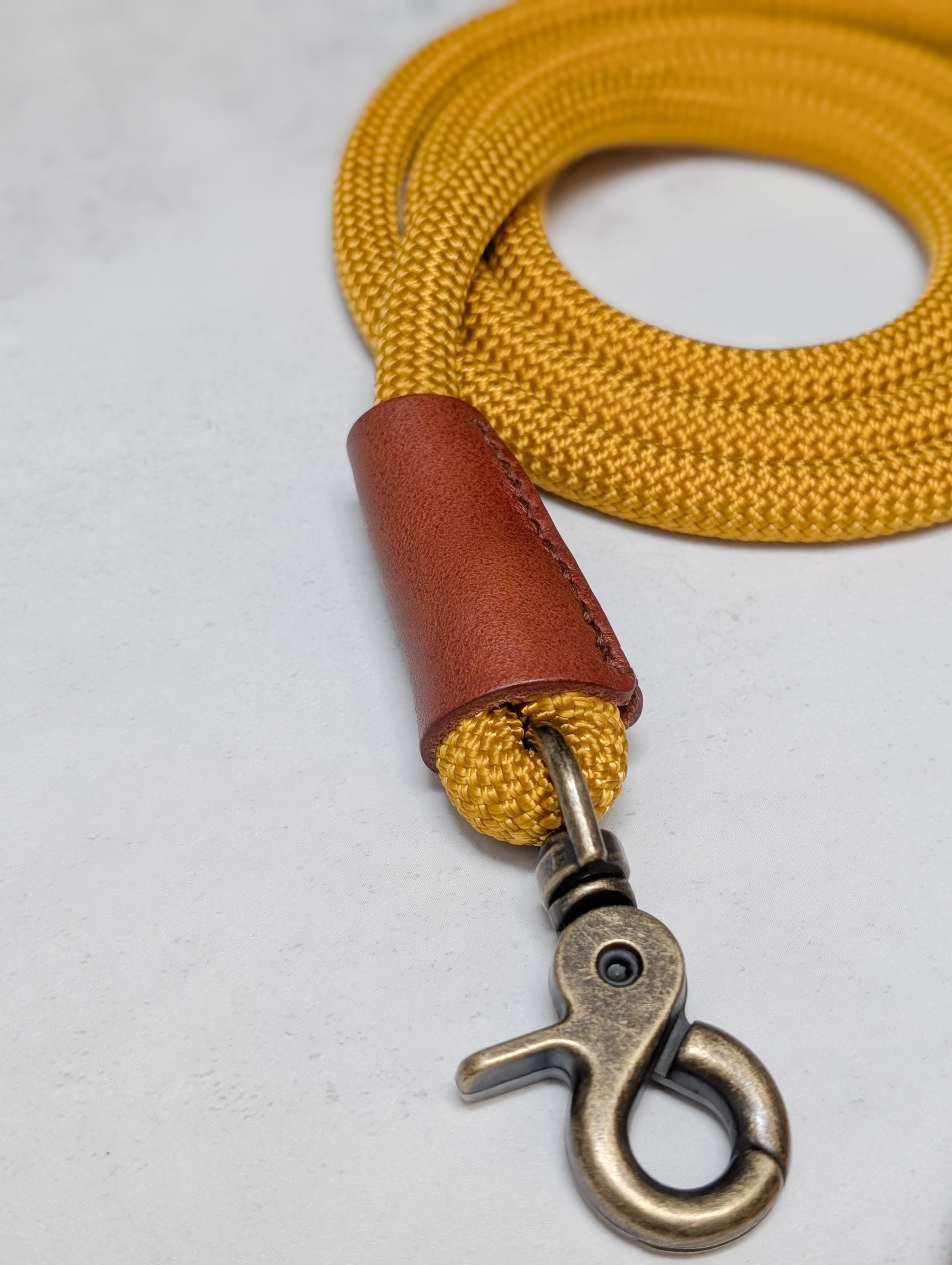 Gold Rope Dog Lead, genuine leather, antique brass clasp, 140cm leash