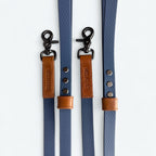 Waterproof Navy dog lead bound in brown Veg tan genuine Italian leather.