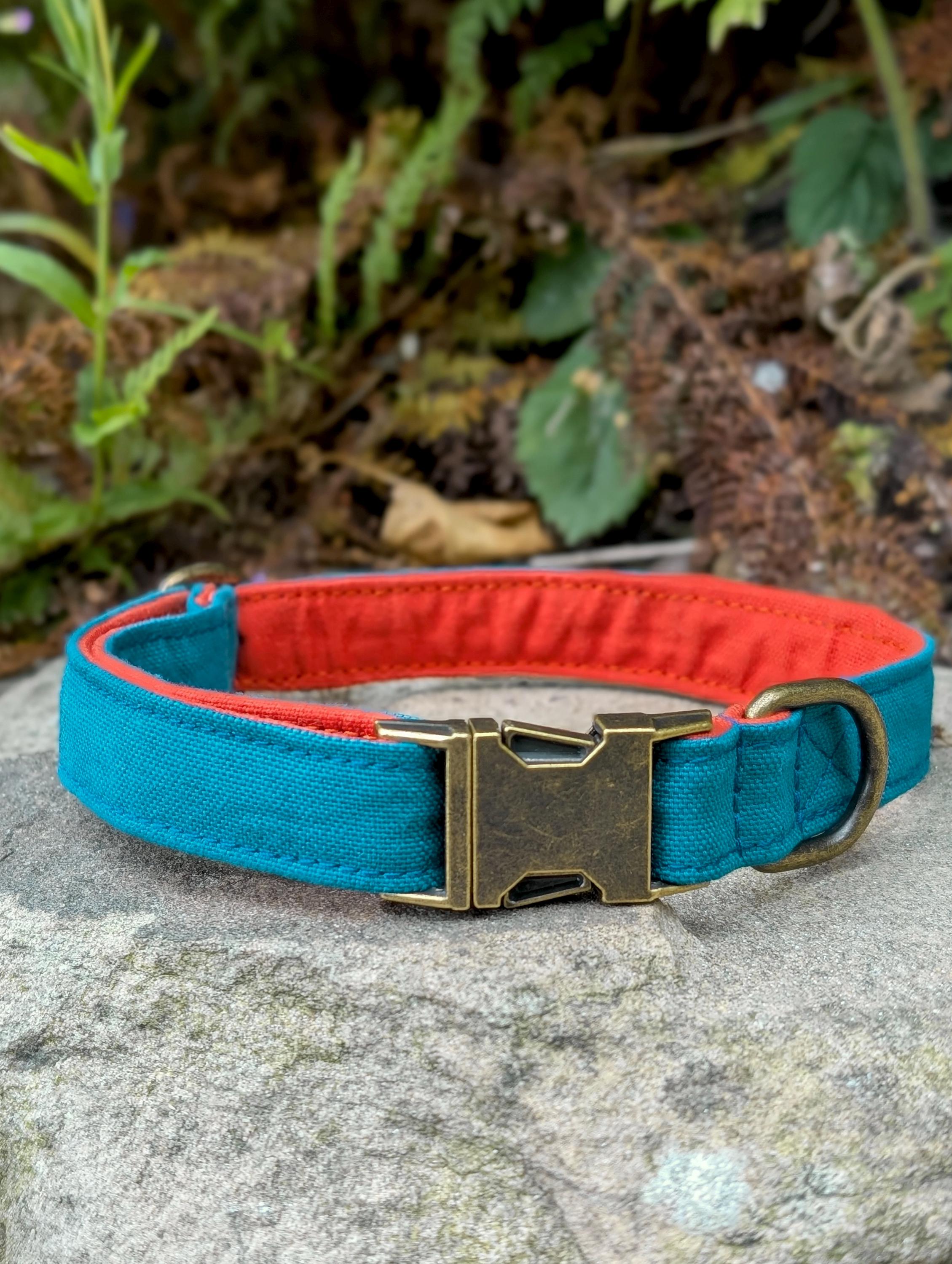 Teal and Orange Dog Collar- Adjustable, Cotton